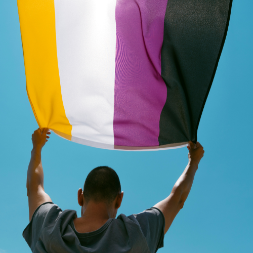 Person holding up the nonbinary pride flag against a clear blue sky, with yellow, white, purple, and black stripes waving overhead.